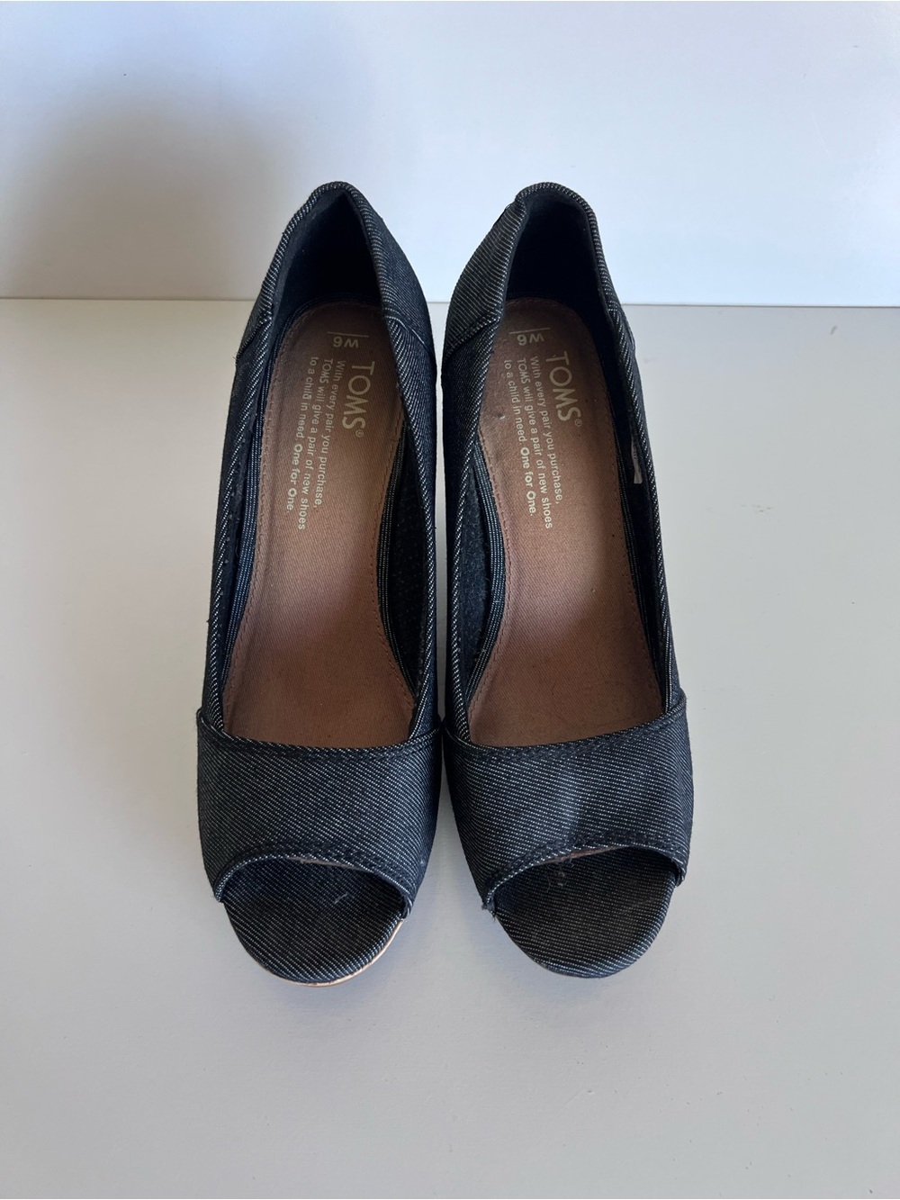 Toms Women's Stella Peep-Toe Cork Wedges Black Denim - Picture 2 of 8